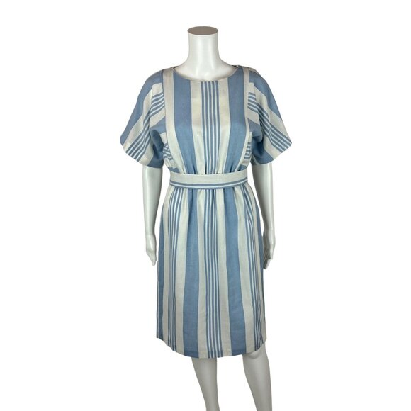 Vintage 80s Striped Dress Women's XS Powder Blue Stripes Faux Linen Slouchy - Picture 3 of 10